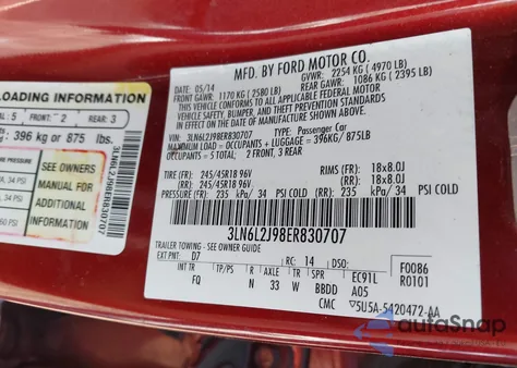 2014 Lincoln Mkz из США, поврежденный, VIN 3LN6L2J98ER830707